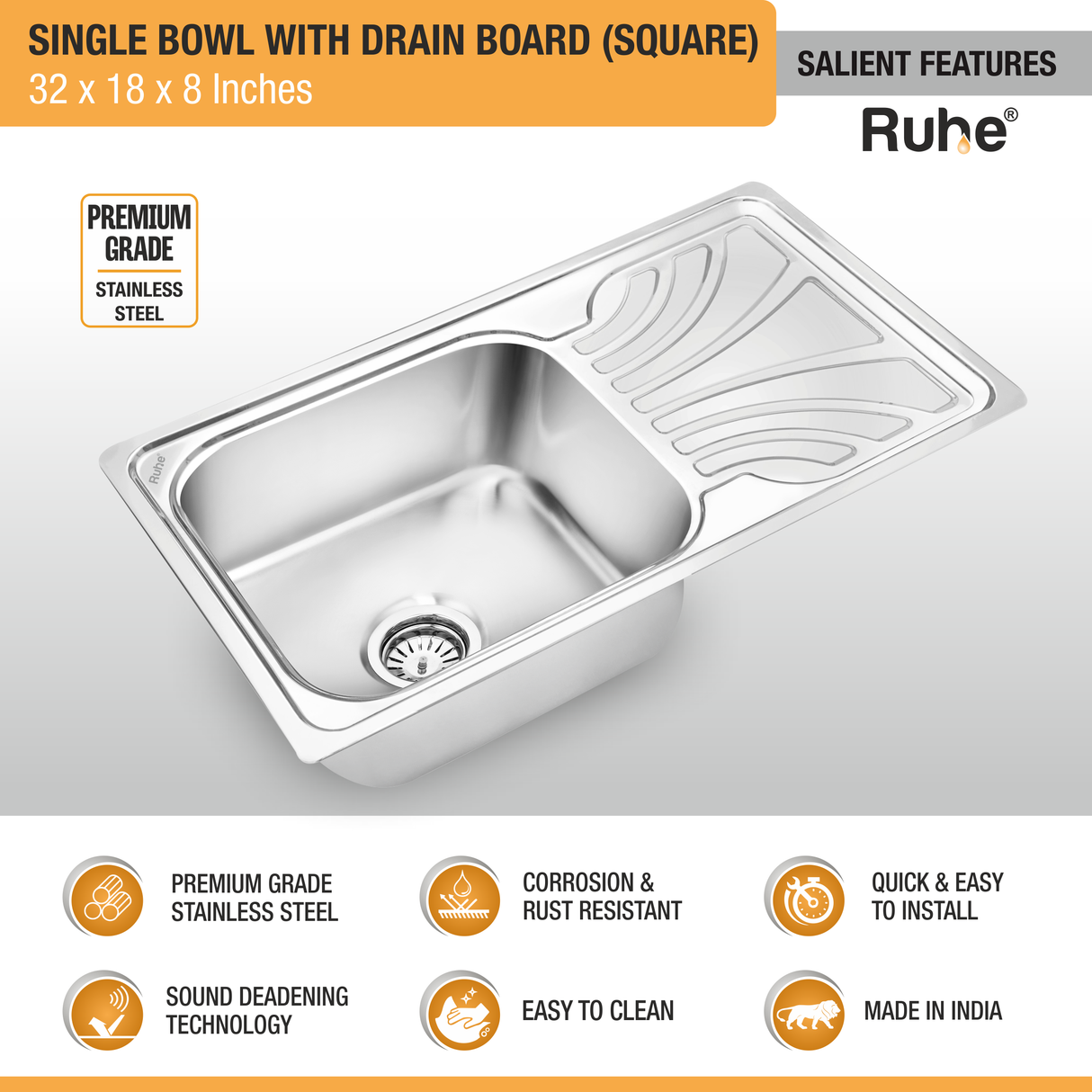 Square Single Bowl (32 x 18 x 8 inches) Kitchen Sink with Drainboard features