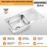Square Single Bowl (32 x 18 x 8 inches) Kitchen Sink with Drainboard features