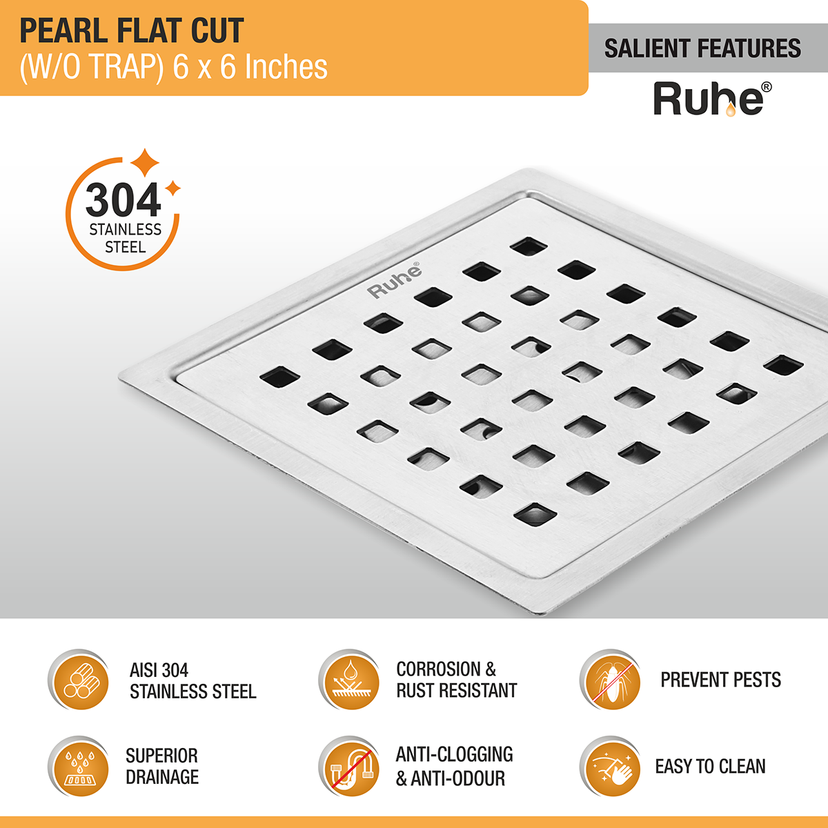 Pearl Square Flat Cut 304-Grade Floor Drain (6 x 6 Inches) - by Ruhe®