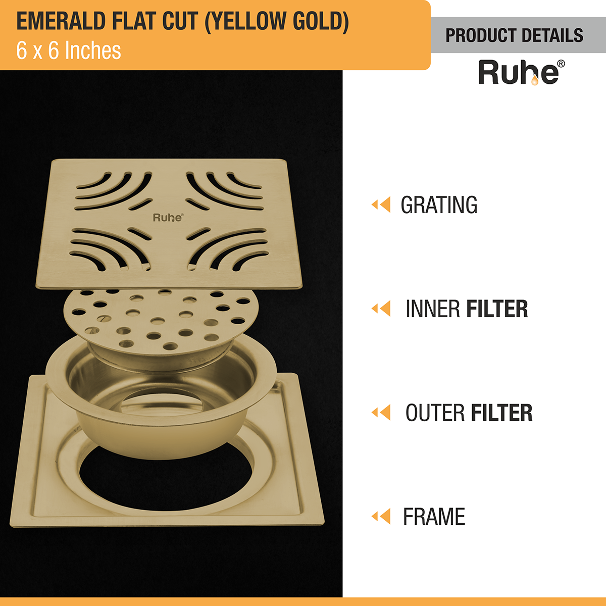 Emerald Square Flat Cut Floor Drain in Yellow Gold PVD Coating (6 x 6 Inches) - by Ruhe®