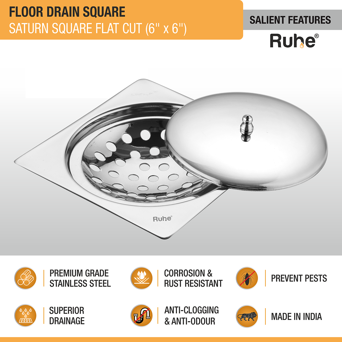 Saturn Square Flat Cut Floor Drain (6 x 6 Inches) with Lid - by Ruhe®