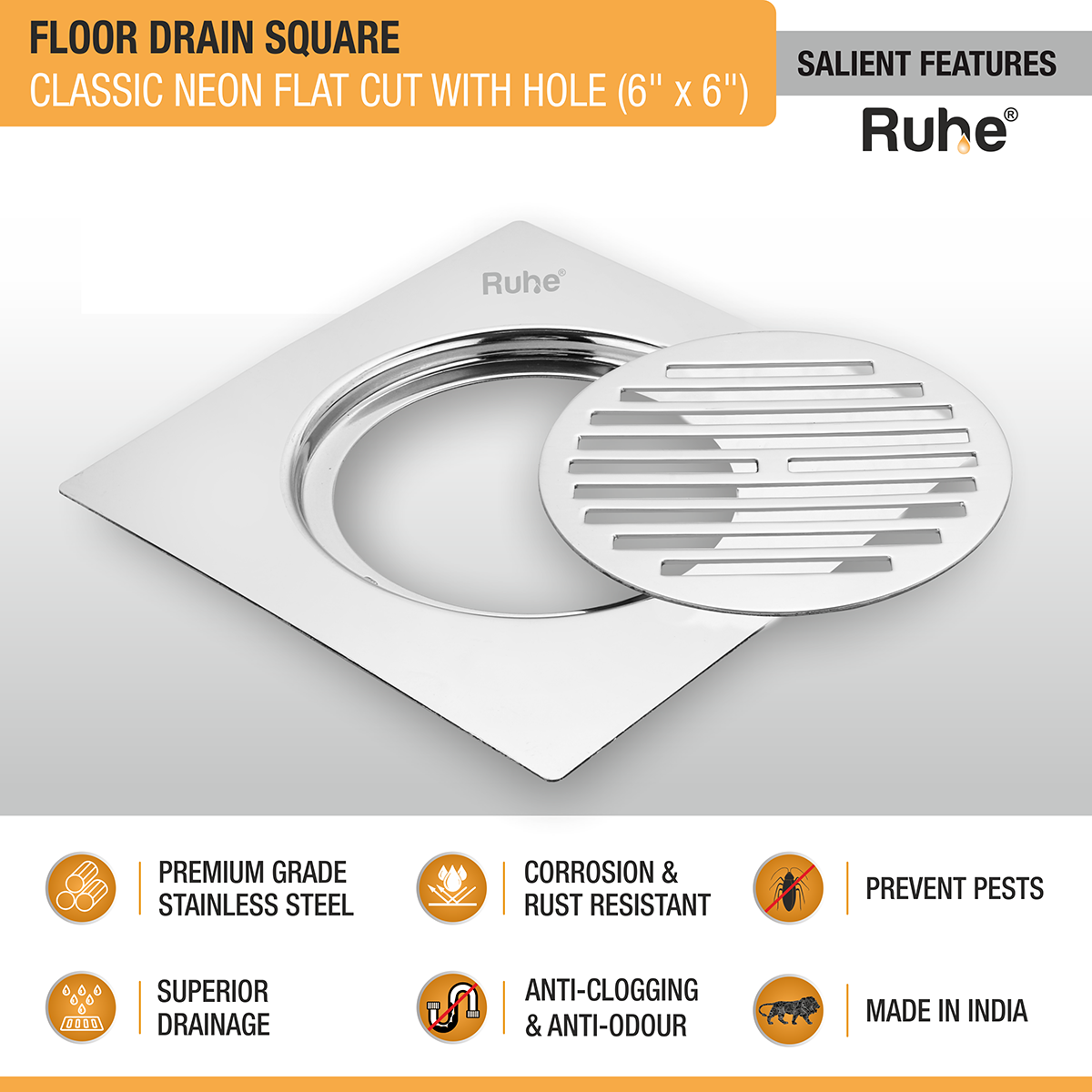 Classic Neon Square Flat Cut Floor Drain (6 x 6 inches) with Hole features