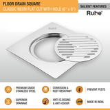Classic Neon Square Flat Cut Floor Drain (6 x 6 inches) with Hole features