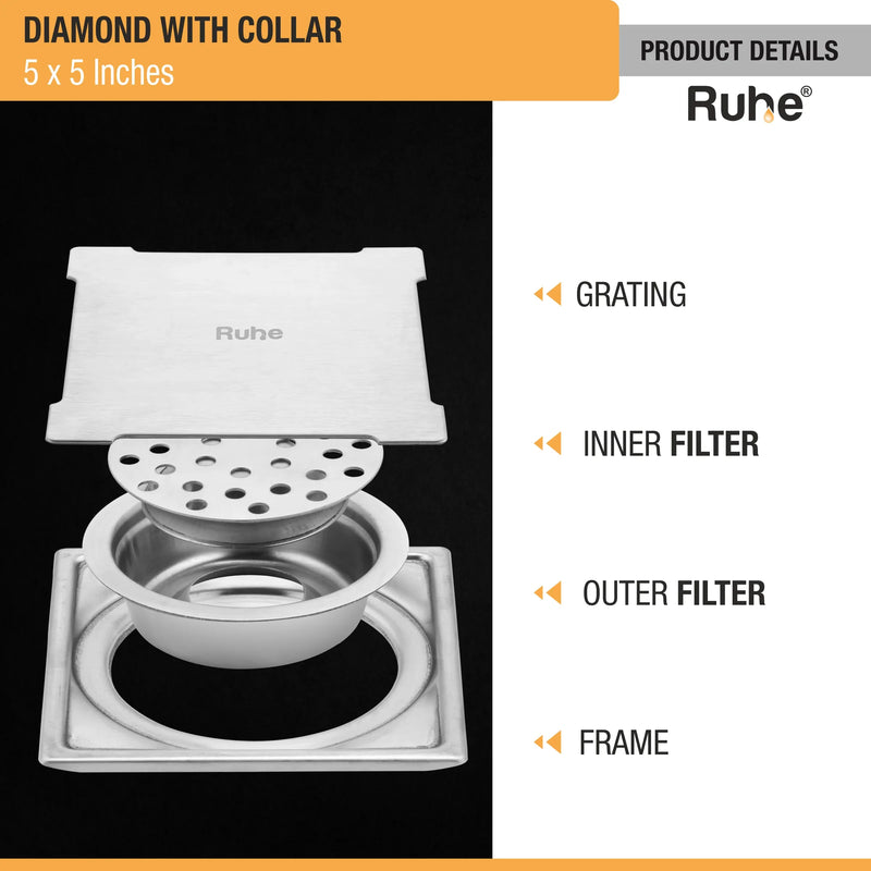 Diamond Square 304-Grade Floor Drain with Collar & Cockroach Trap (5 x 5 Inches) - by Ruhe