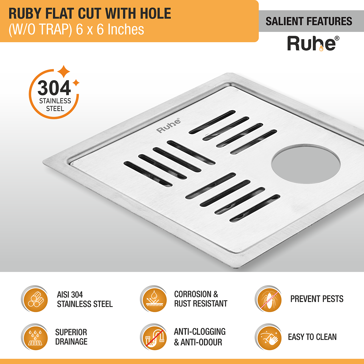 Ruby Square Flat Cut 304-Grade Floor Drain with Hole (6 x 6 Inches) features and benefits