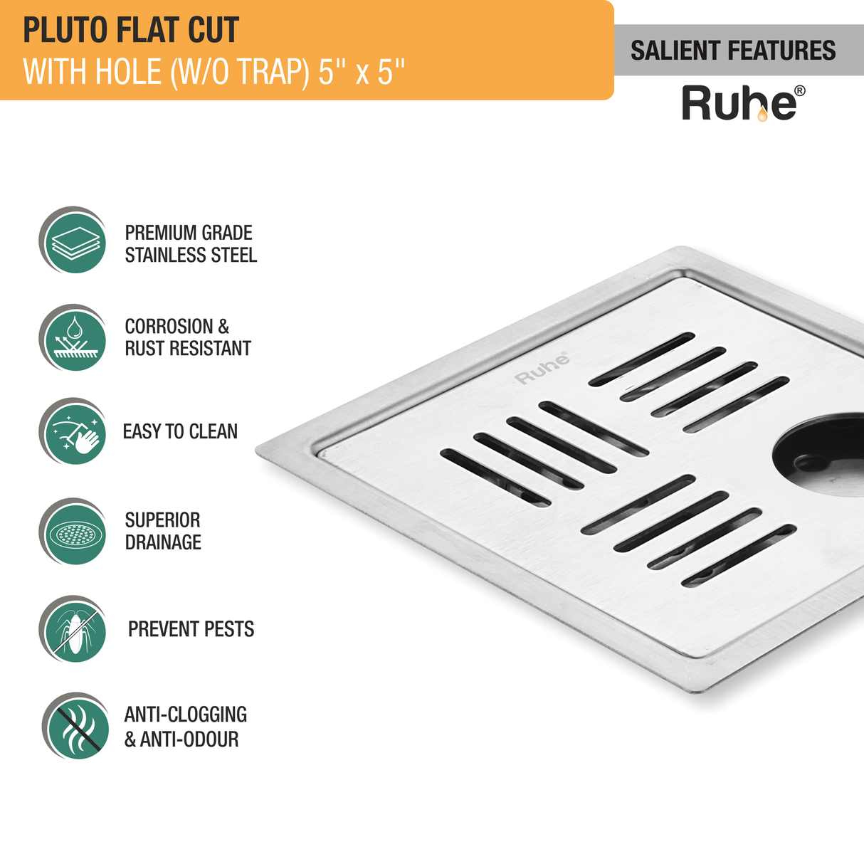 Pluto Square Premium Flat Cut Floor Drain (5 x 5 Inches) with Hole - by Ruhe®