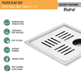 Pluto Square Premium Flat Cut Floor Drain (5 x 5 Inches) with Hole features