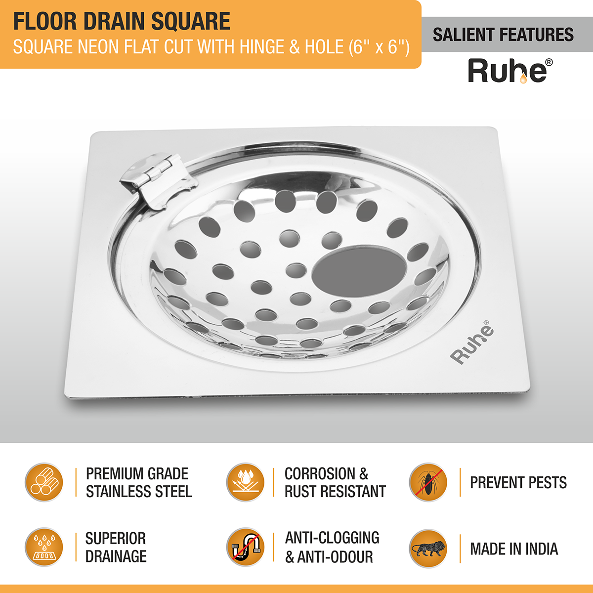 Neon Square Flat Cut Floor Drain (6 x 6 inches) with Hole and Hinged Grating Top features