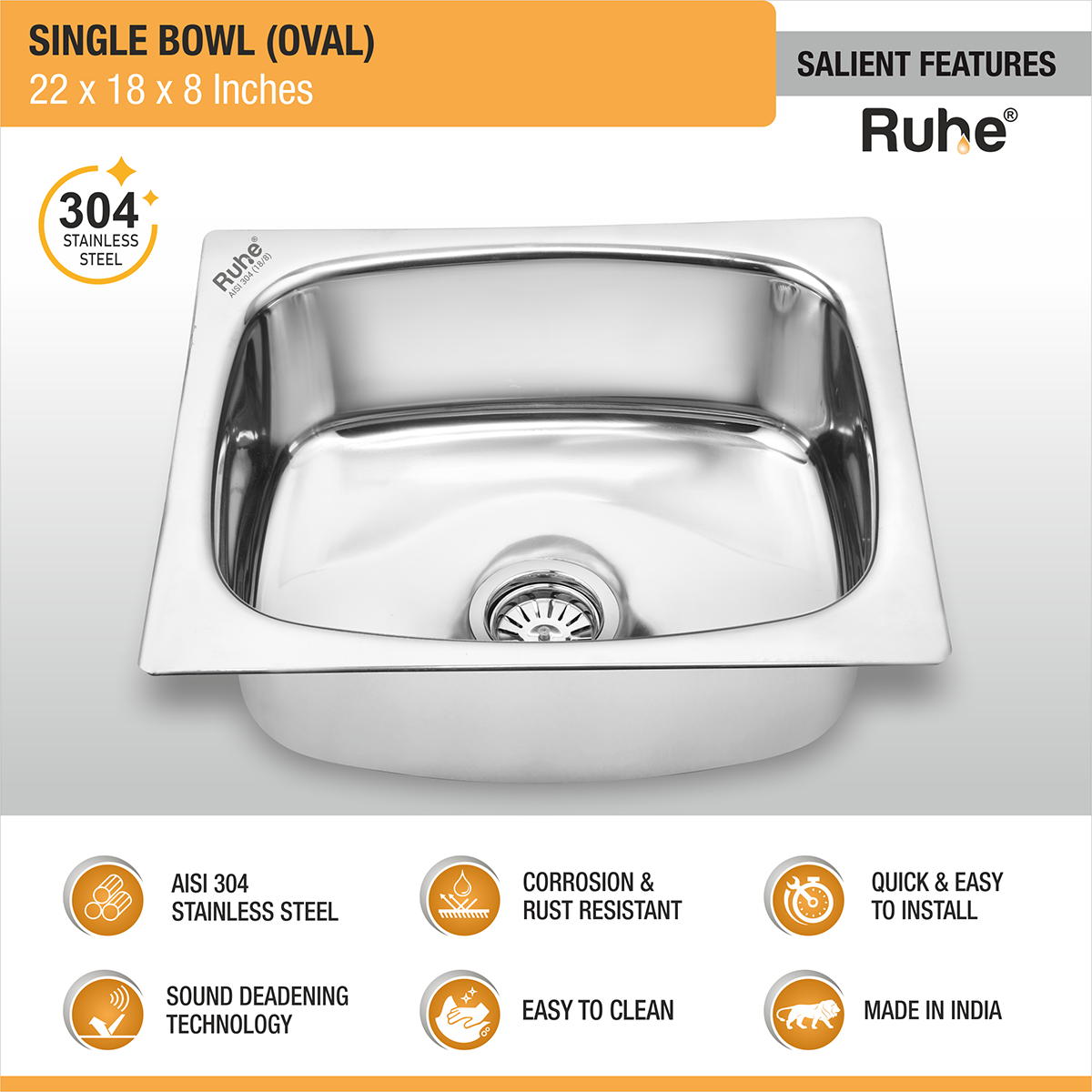 Oval Single Bowl (22 x 18 x 8 inches) 304-Grade Kitchen Sink features and benefits