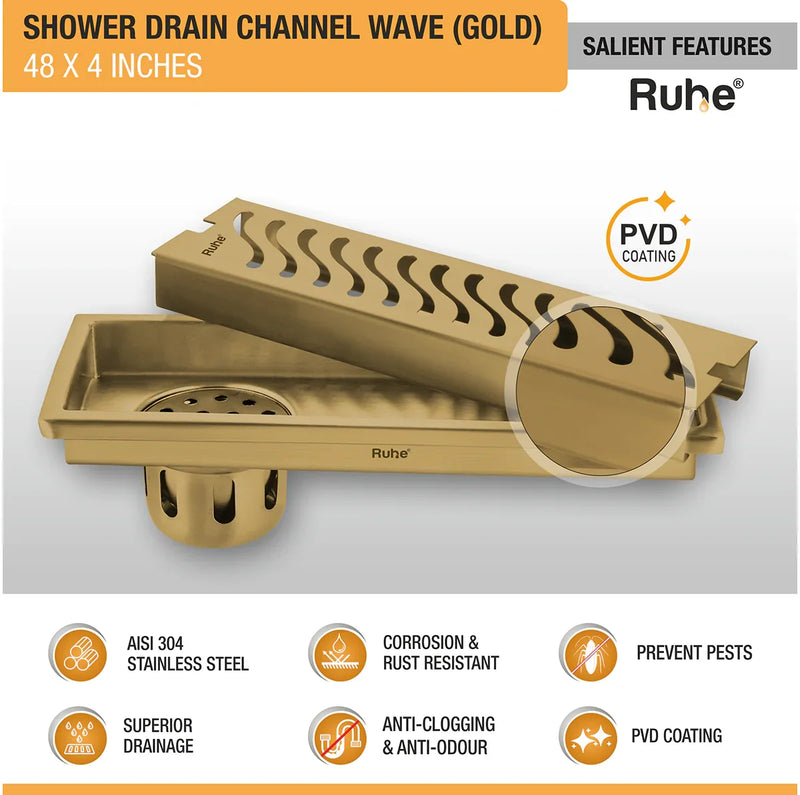 Wave Shower Drain Channel (48 x 4 Inches) YELLOW GOLD PVD Coated - by Ruhe