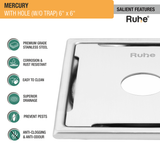 Mercury Square Premium Floor Drain (6 x 6 Inches) with Hole - by Ruhe®