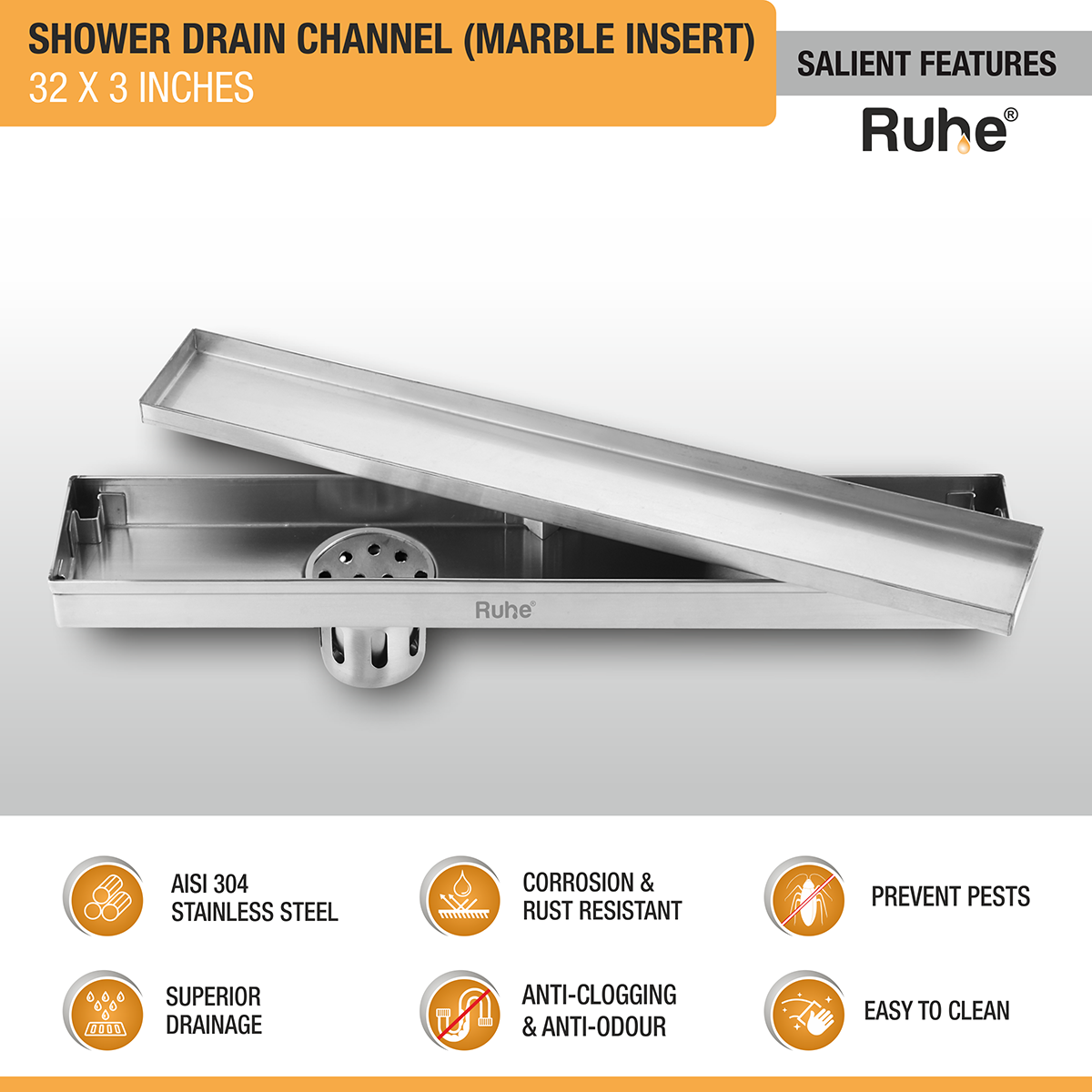 Marble Insert Shower Drain Channel (32 x 3 Inches) with Cockroach Trap (304 Grade) - by Ruhe®