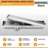 Marble Insert Shower Drain Channel (32 x 3 Inches) with Cockroach Trap (304 Grade) features