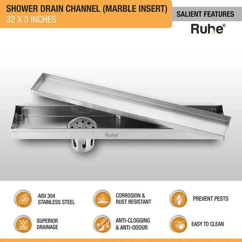 Marble Insert Shower Drain Channel (32 x 3 Inches) with Cockroach Trap (304 Grade) - by Ruhe