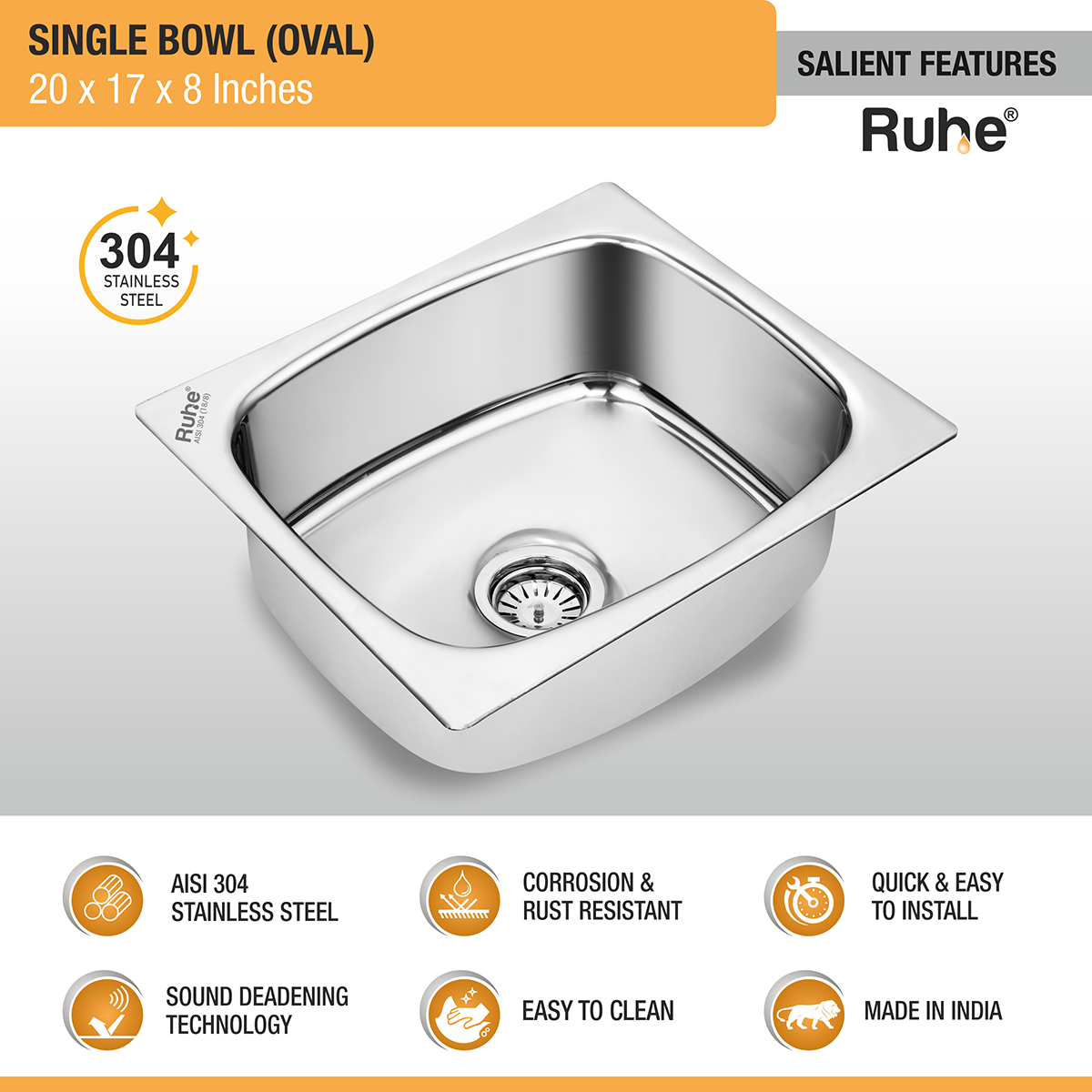 Oval Single Bowl (20 x 17 x 8 inches) 304-Grade Kitchen Sink features and benefits