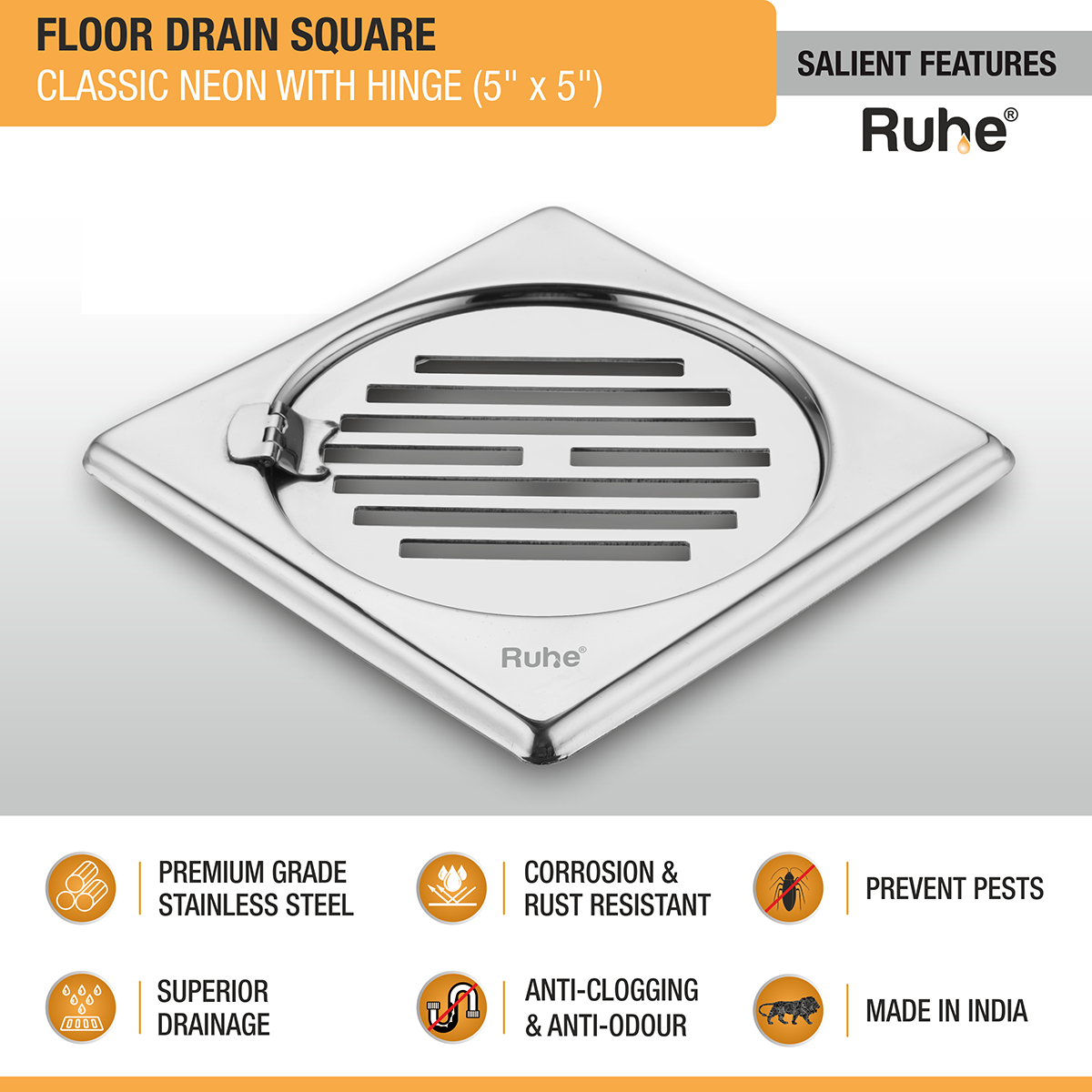 Classic Neon Floor Drain (5 x 5 inches) with Hinged Grating Top - by Ruhe ®