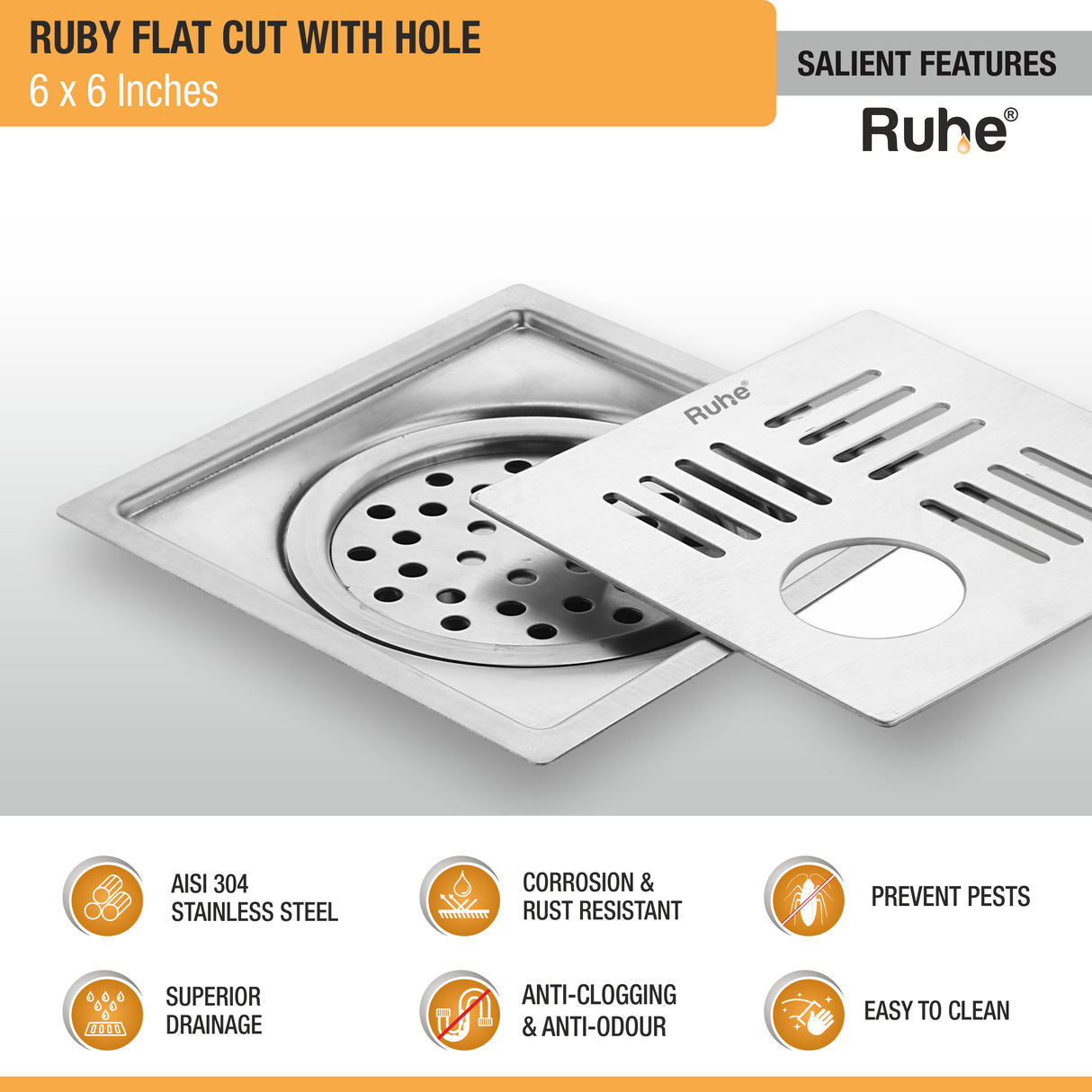 Ruby Square Flat Cut 304-Grade Floor Drain with Hole & Cockroach Trap (6 x 6 Inches) - by Ruhe®