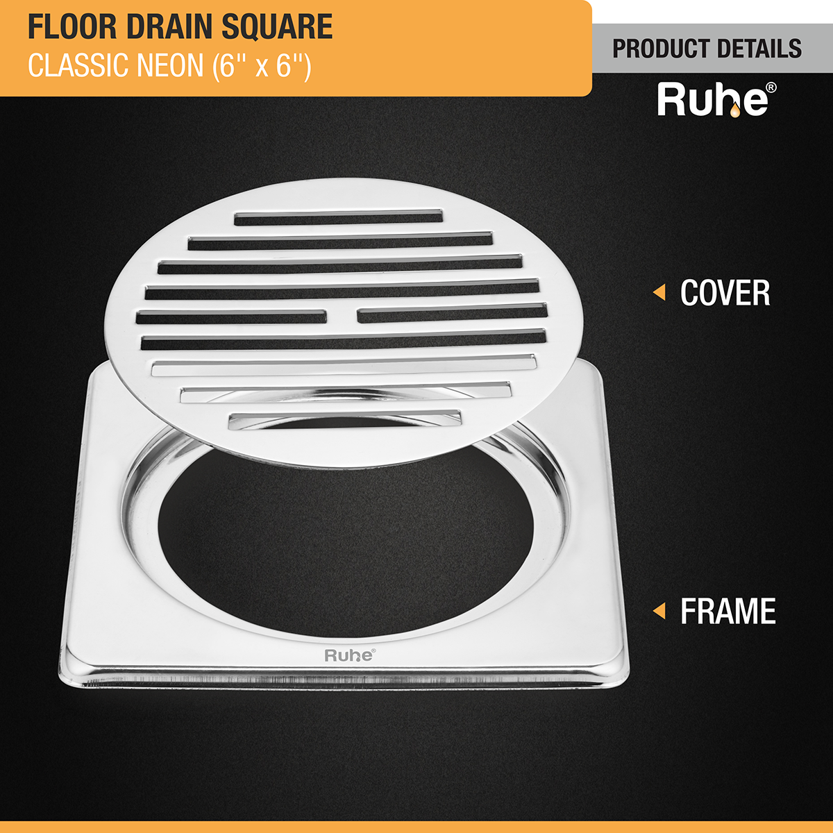 Classic Neon Square Floor Drain with Collar (6 x 6 inches) - by Ruhe®