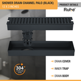 Palo Shower Drain Channel (12 x 3 Inches) Black PVD Coated with drain cover, inner insect trap, drain body