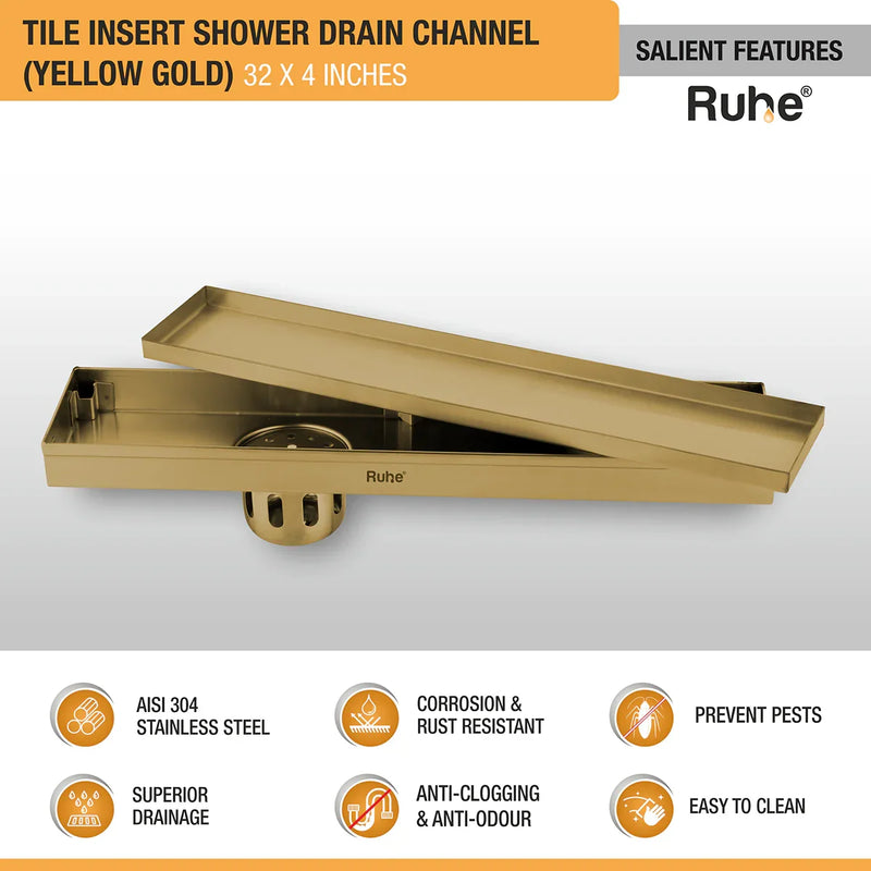 Tile Insert Shower Drain Channel (32 x 4 Inches) YELLOW GOLD PVD Coated - by Ruhe