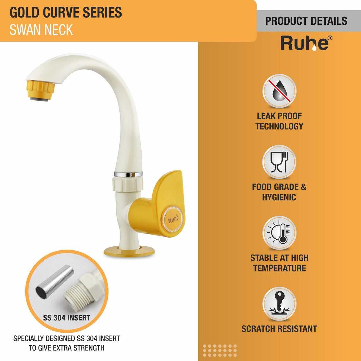 Gold Curve PTMT Swan Neck with Swivel Spout Faucet - by Ruhe®