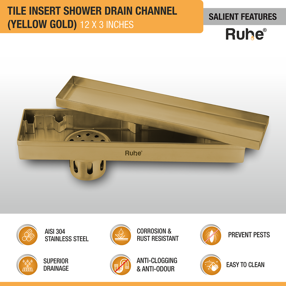 Tile Insert Shower Drain Channel (12 x 3 Inches) YELLOW GOLD PVD Coated - by Ruhe®