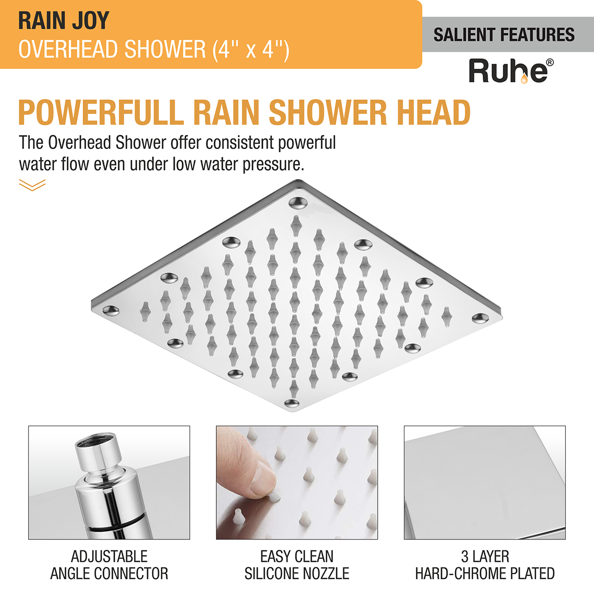 Rain Joy 304-Grade Overhead Shower (4 x 4 Inches) features and benefits