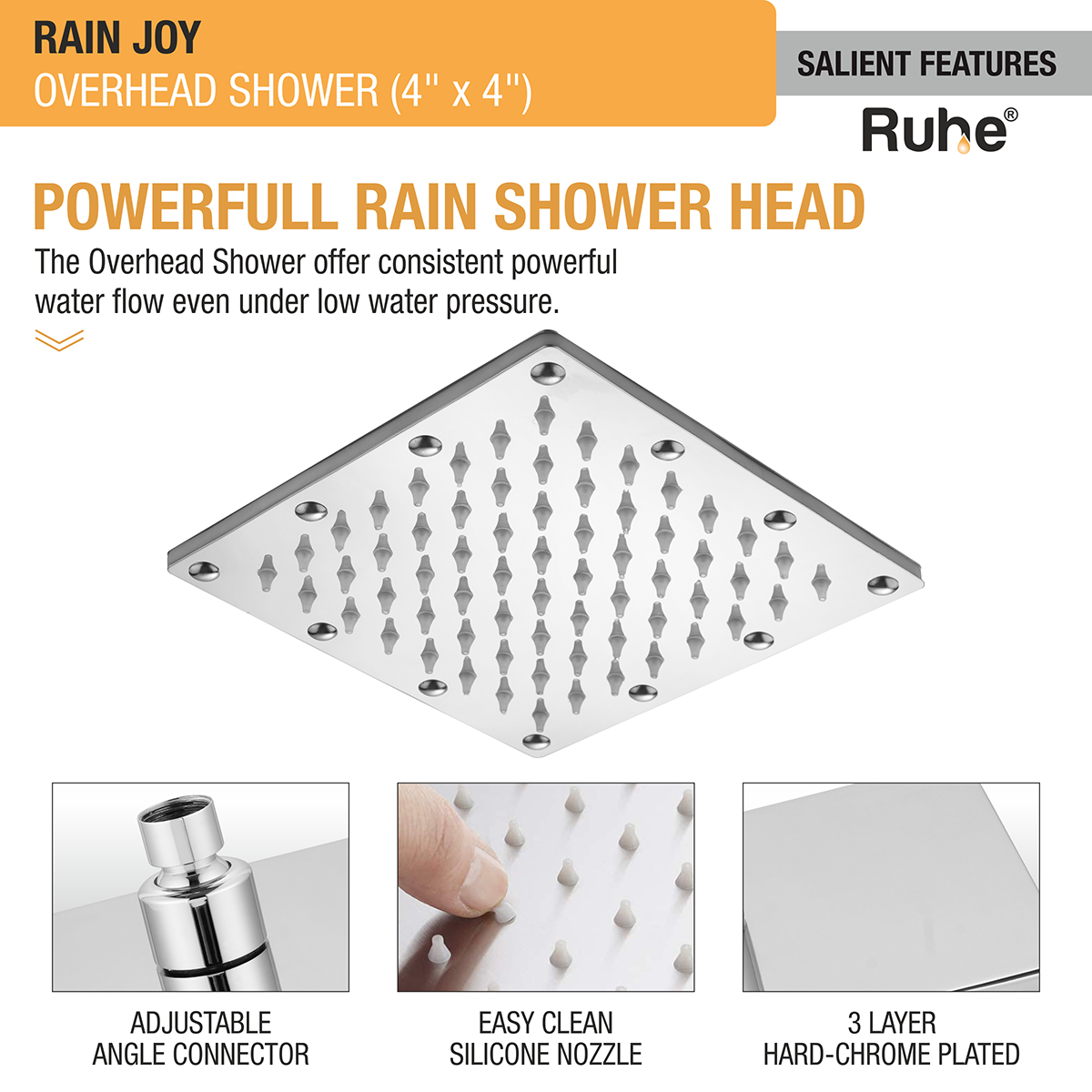 Rain Joy 304-Grade Overhead Shower (4 x 4 Inches) - by Ruhe