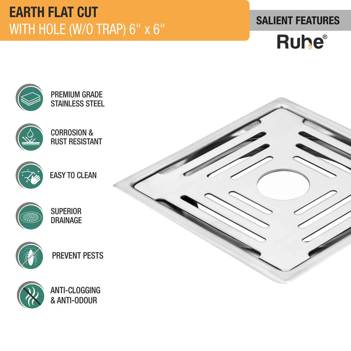 Earth Square Premium Flat Cut Floor Drain (6 x 6 Inches) with Hole - by Ruhe®