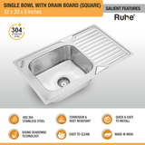 Square Single Bowl (32 x 20 x 8 inches) 304-Grade Stainless Steel Kitchen Sink with Drainboard features and benefits