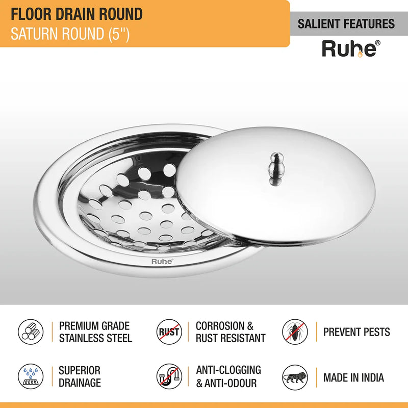 Saturn Round Floor Drain (5 Inches) with Lid - by Ruhe