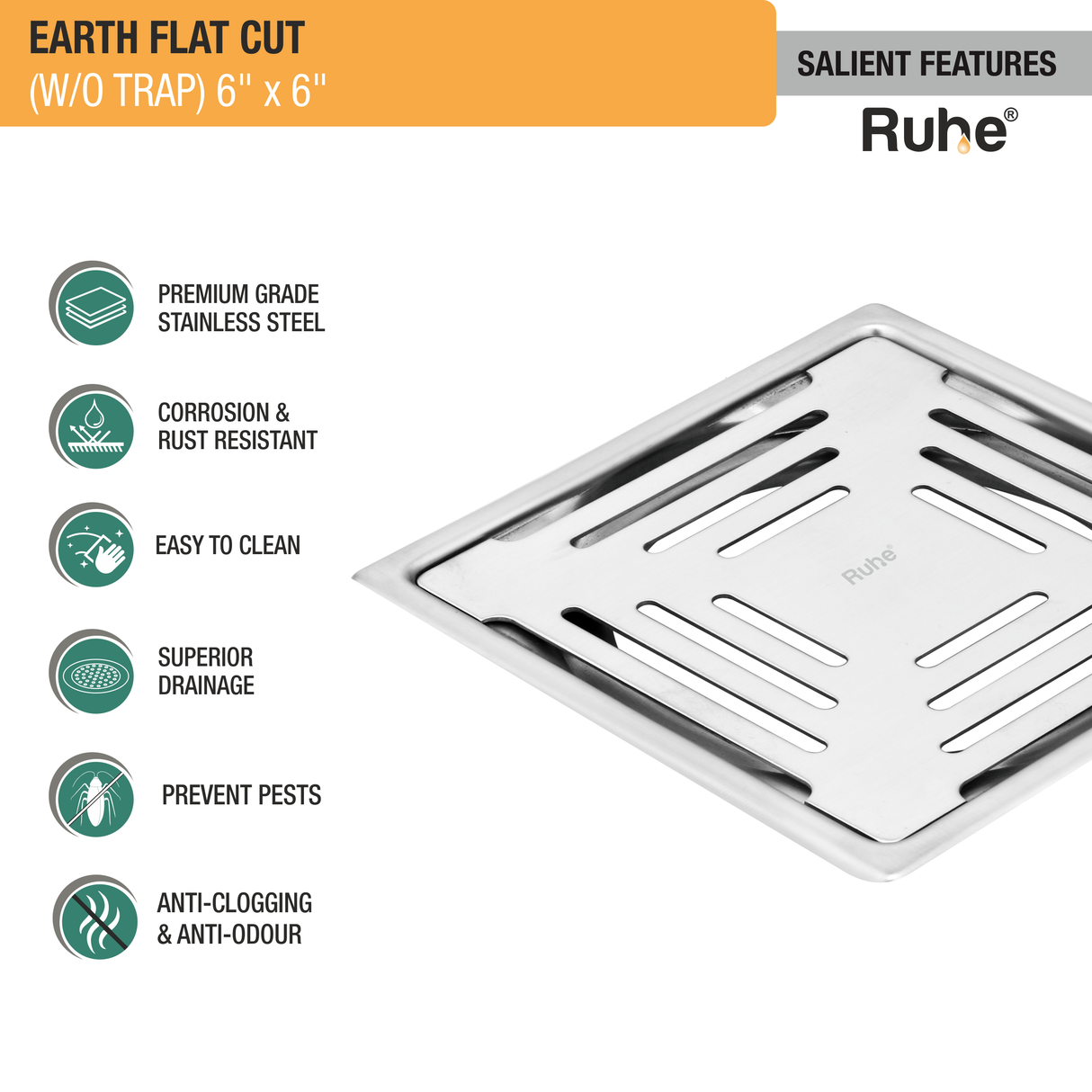 Earth Square Premium Flat Cut Floor Drain (6 x 6 Inches) - by Ruhe®