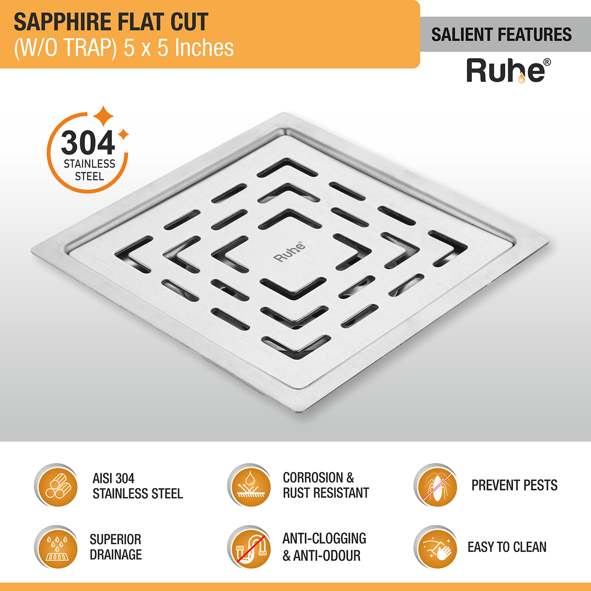 Sapphire Square Flat Cut 304-Grade Floor Drain (5 x 5 Inches) featutres and benefits