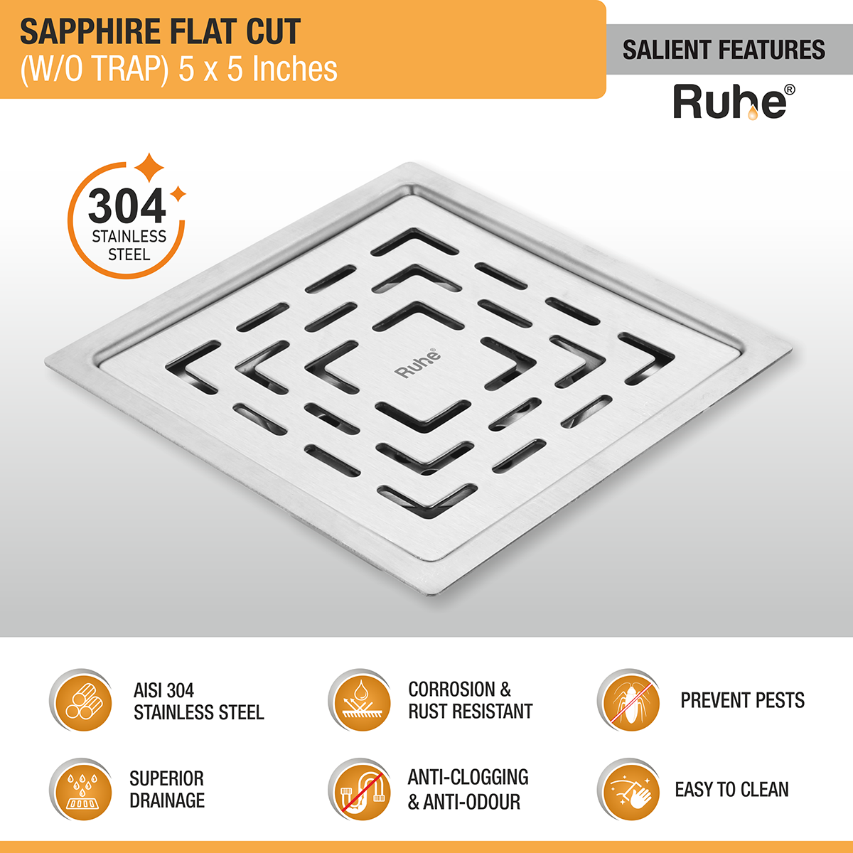 Sapphire Square Flat Cut 304-Grade Floor Drain (5 x 5 Inches) - by Ruhe®