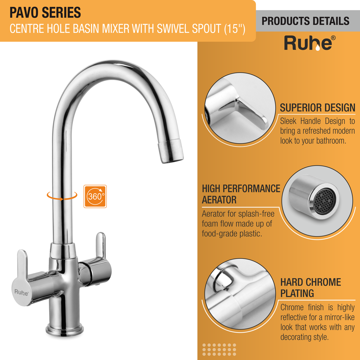 Pavo Centre Hole Basin Mixer with Medium (15 inches) Round Swivel Spout Faucet details