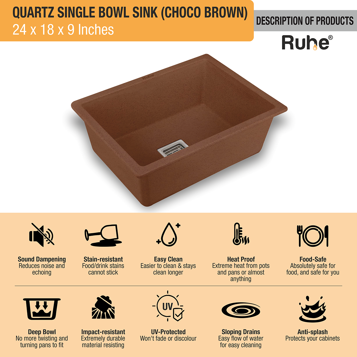Quartz Single Bowl Choco Brown Kitchen Sink (24 x 18 x 9 inches) description of product