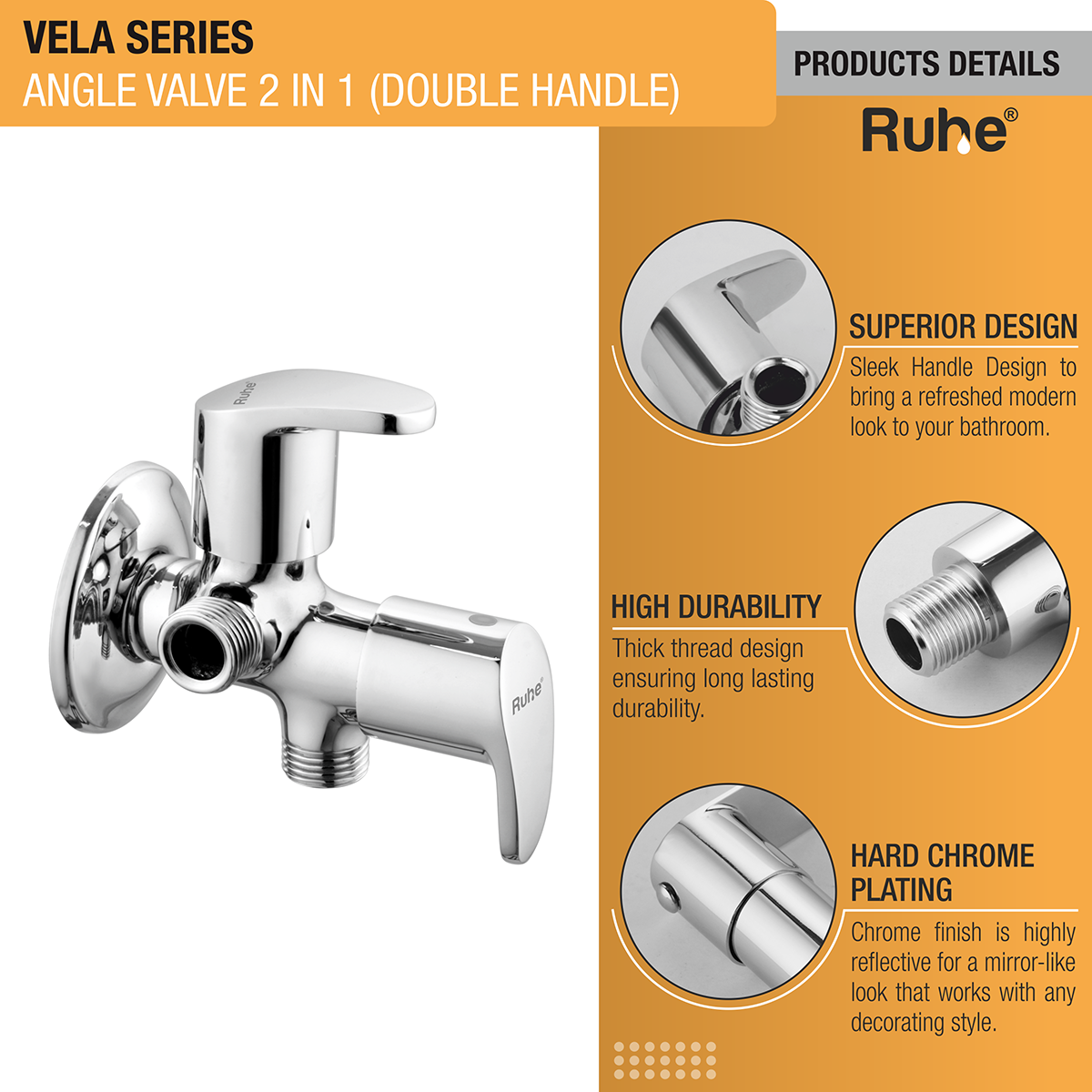 Vela Two Way Angle Valve Brass Faucet (Double Handle) product details