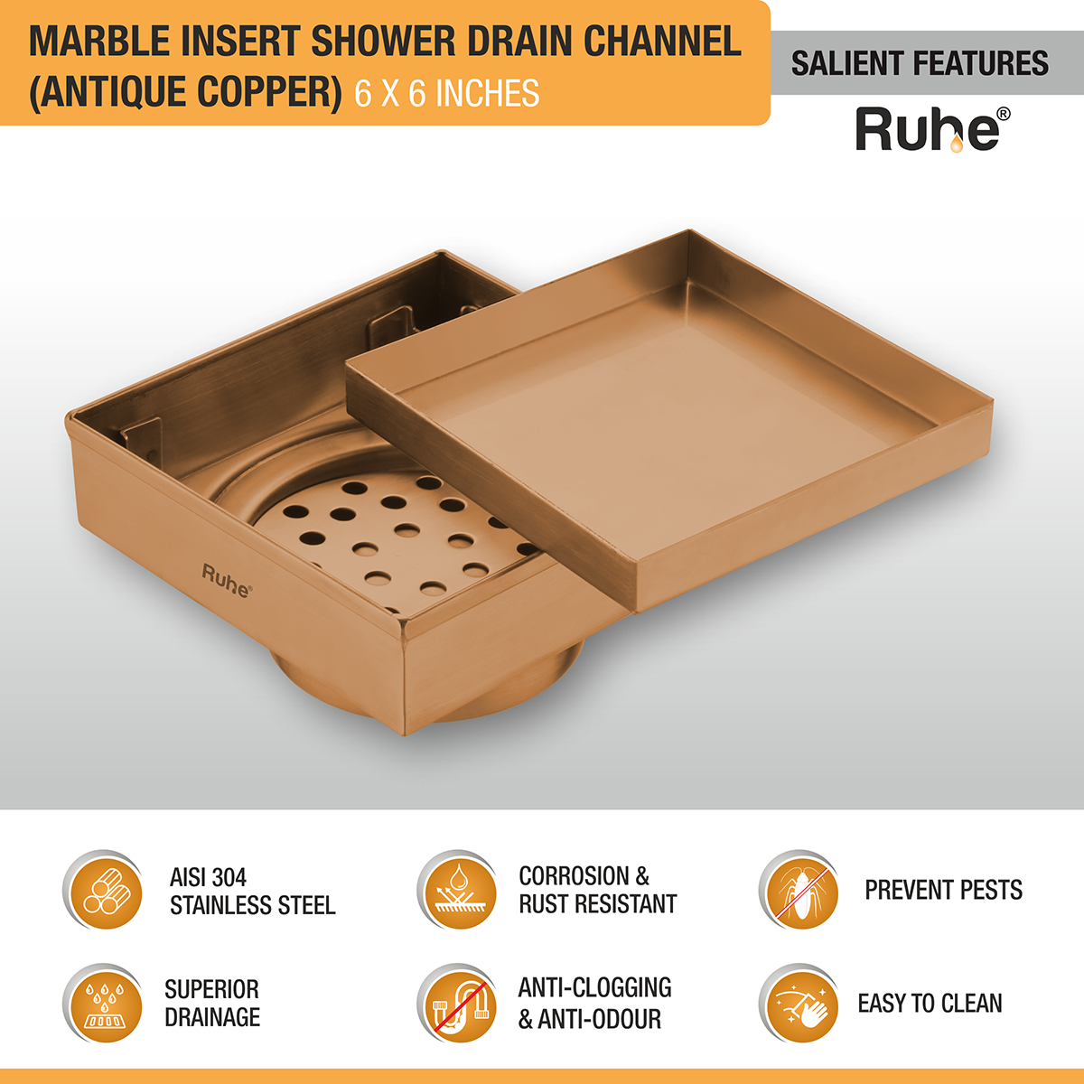 Marble Insert Shower Drain Channel (6 x 6 Inches) ROSE GOLD/ ANTIQUE COPPER features