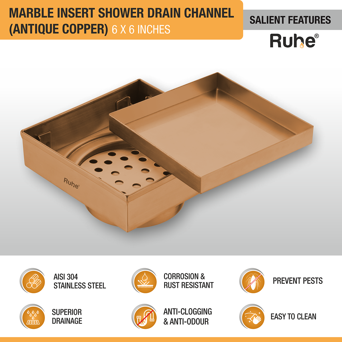 Marble Insert Shower Drain Channel (6 x 6 Inches) ROSE GOLD PVD Coated - by Ruhe®