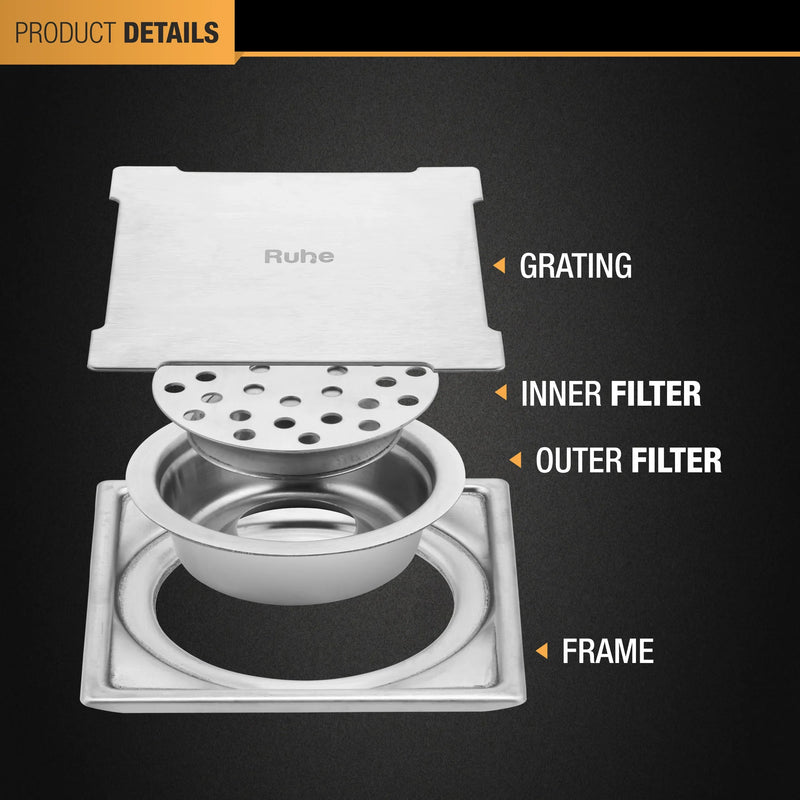 Diamond Square 304-Grade Floor Drain with Collar & Cockroach Trap (6 x 6 Inches) - by Ruhe