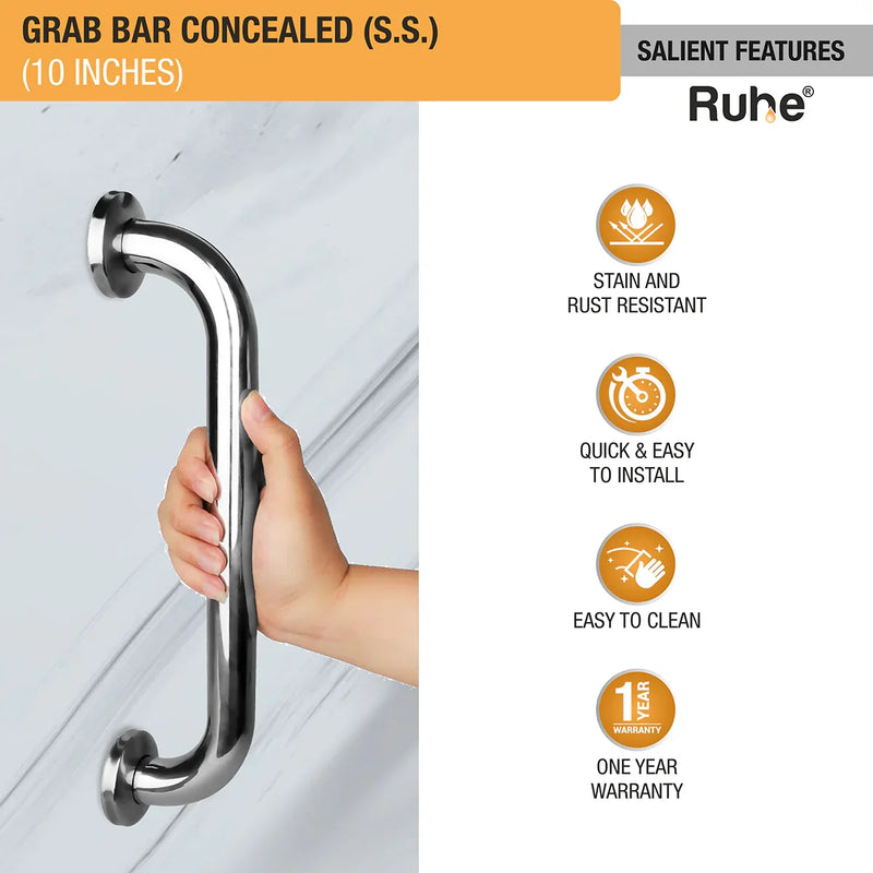 Grab Bar Stainless Steel (10 Inches) Concealed - by Ruhe