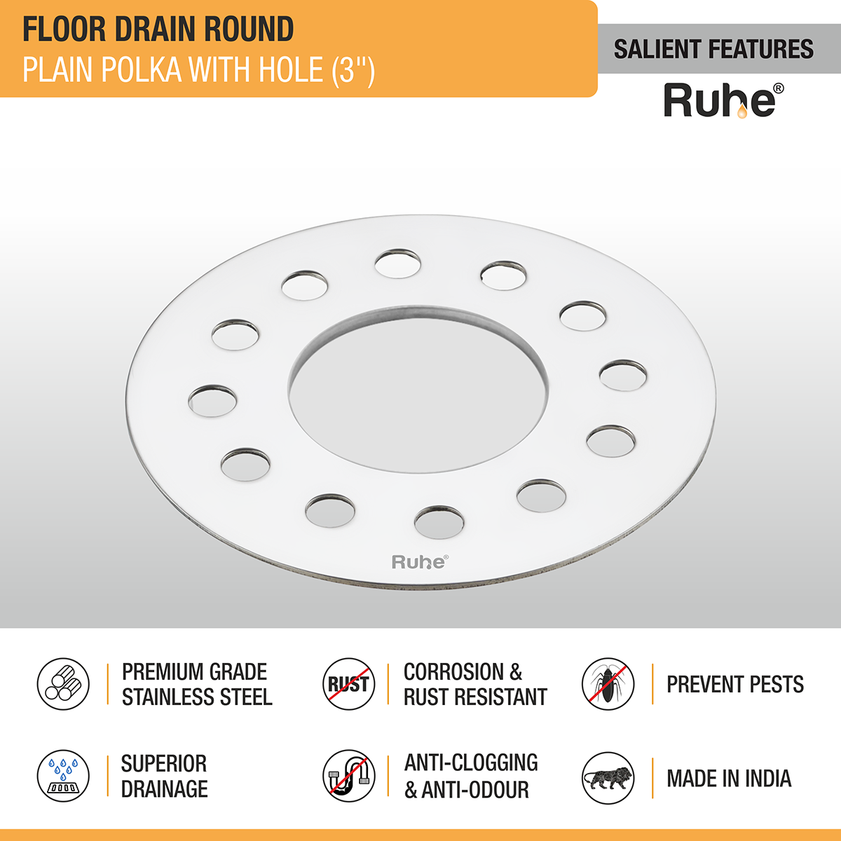 Plain Polka Round Floor Drain with Hole (3 Inches) (Pack of 4) - by Ruhe®