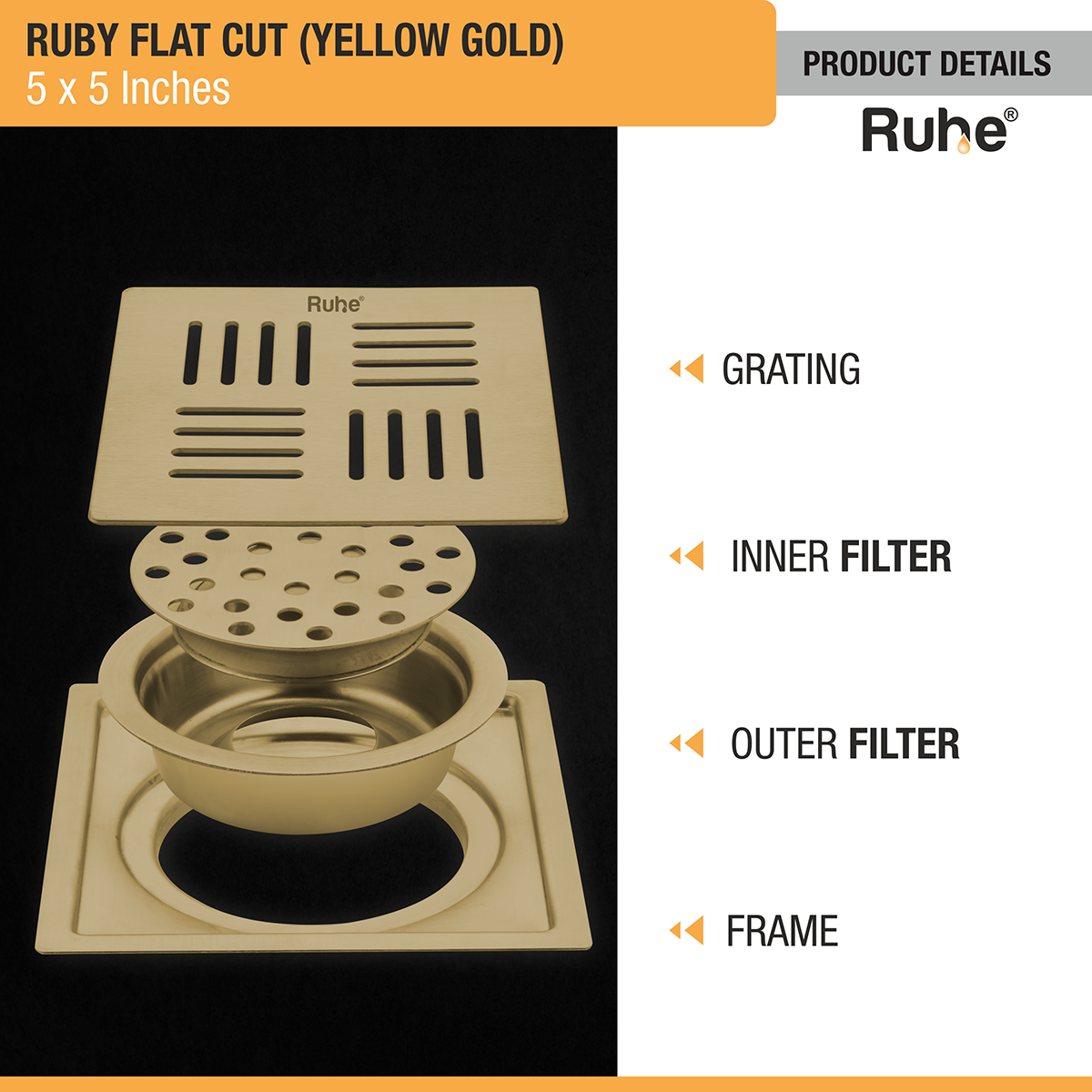 Ruby Square Flat Cut Floor Drain in Yellow Gold PVD Coating (5 x 5 Inches) product details