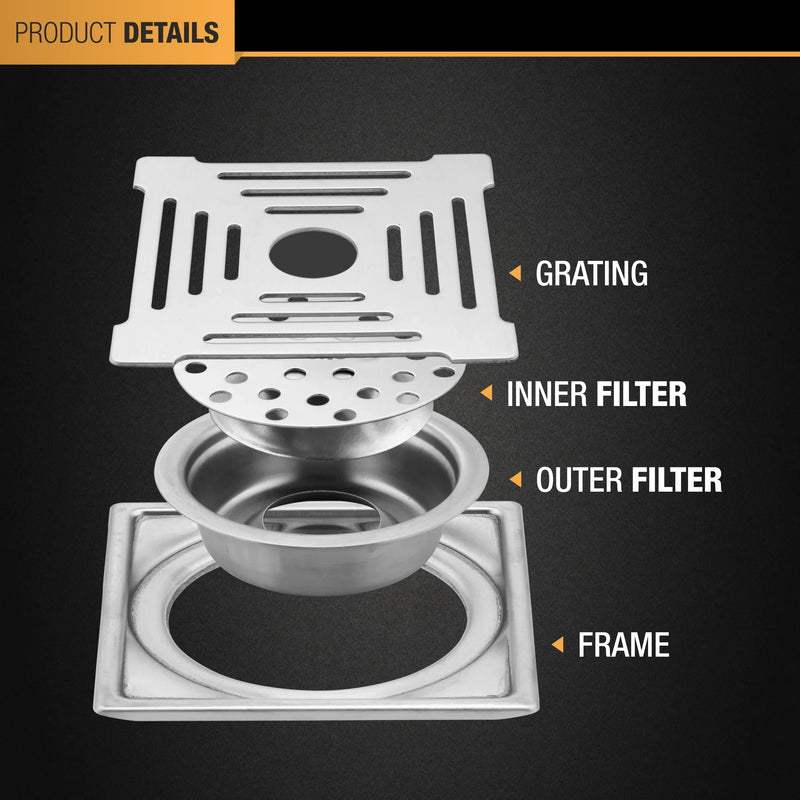 Opal Square 304-Grade Floor Drain with Collar, Hole & Cockroach Trap (6 x 6 Inches) - by Ruhe