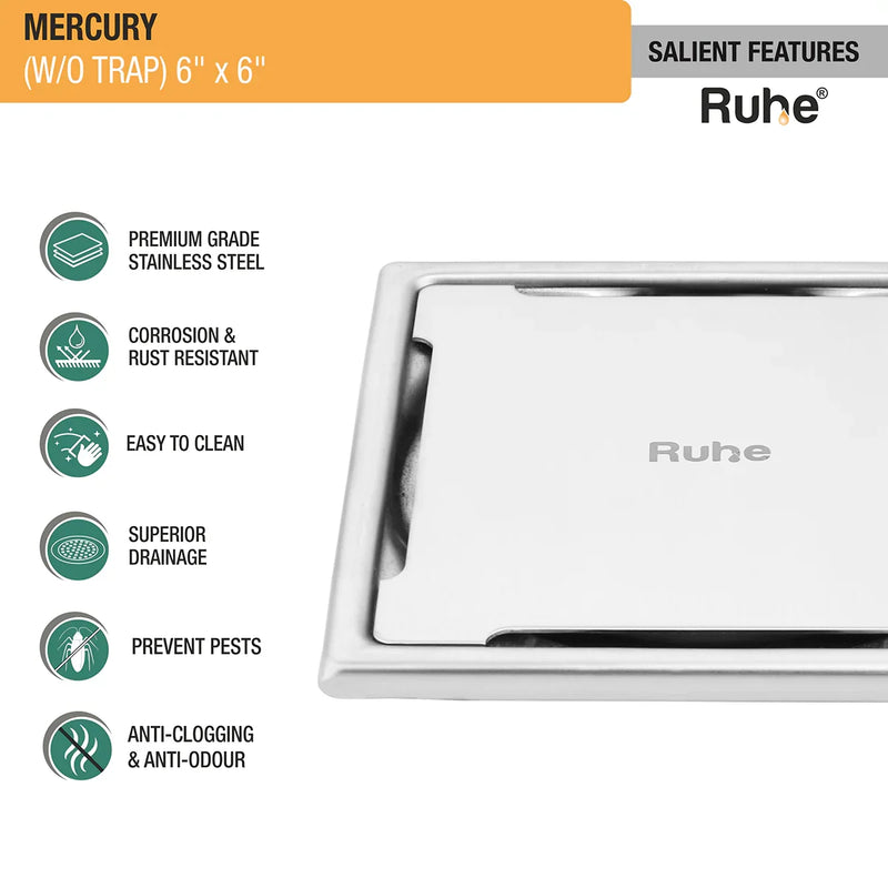 Mercury Square Premium Floor Drain (6 x 6 Inches) - by Ruhe