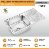 Square Single Bowl (32 x 18 x 8 inches) 304-Grade Stainless Steel Kitchen Sink with Drainboard features and benefits
