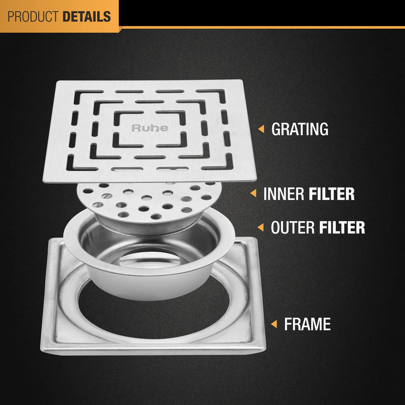 Sapphire Square 304-Grade Floor Drain with Collar & Cockroach Trap (5 x 5 Inches) - by Ruhe