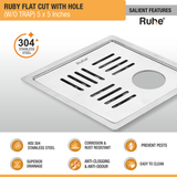 Ruby Square Flat Cut 304-Grade Floor Drain with Hole (5 x 5 Inches) features and benefits