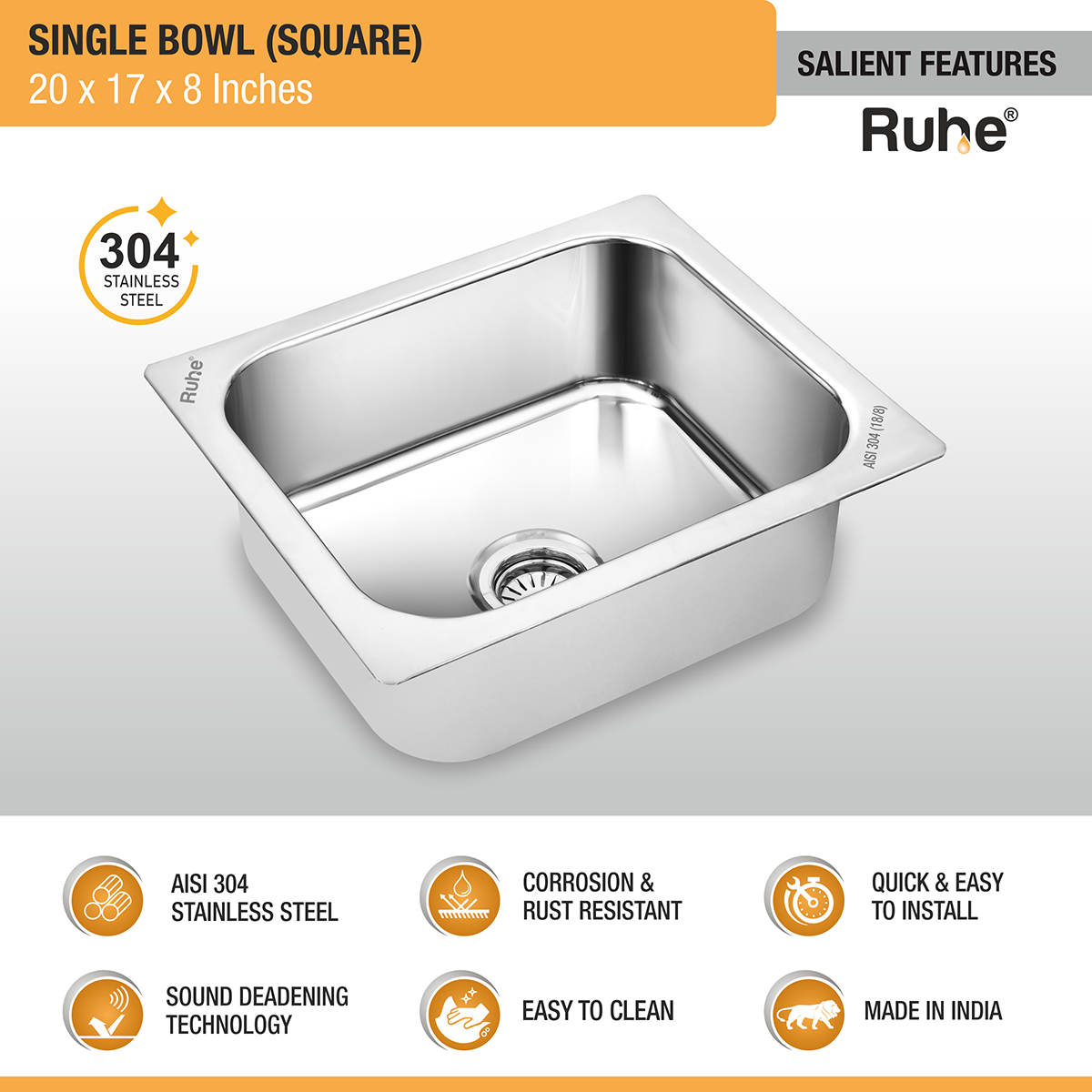 Square Single Bowl 304-Grade Kitchen Sink (20 x 17 x 8 inches)– by Ruhe