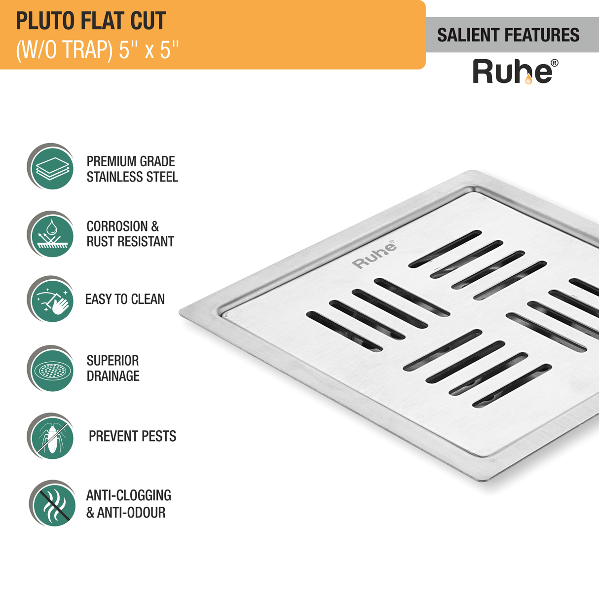 Pluto Square Premium Flat Cut Floor Drain (5 x 5 Inches) - by Ruhe